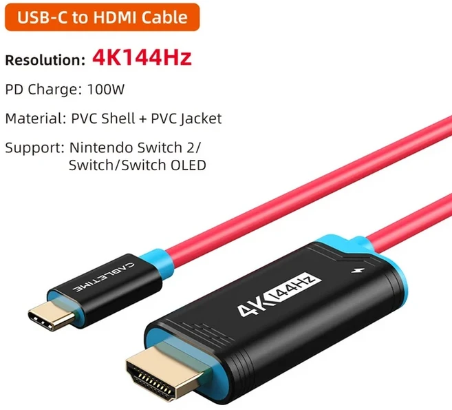 쿠쿠스토어 CABLETIME 4K144Hz B C to HDMI 케이블 PD 100W 타입 어댑터 닌텐도 스위치 2/1 OLED PS4/5, 01 Black, 01 2m