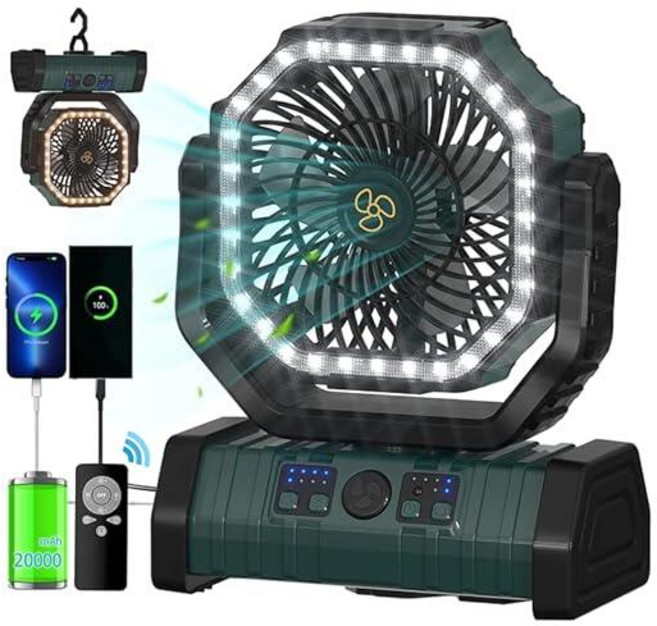 ADUST 캠핑 팬 배터리 작동 전원 팬 LED 랜턴 조명 20000mAh 충전식 휴대용 텐트용 360° 회전 걸이 후크가 있는 진동 팬 무선 USB 책상 팬(블랙키쉬, 블랙쉬 그린
