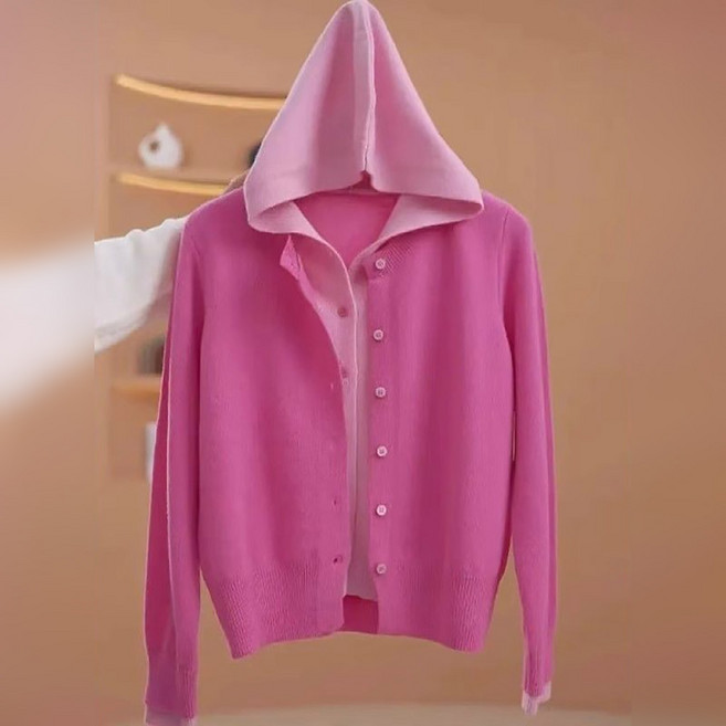 지고다그 여성 봄 가을 니트 가디건 후드 투피스 배색 긴팔 데일리 캐주얼 상의 HH2788