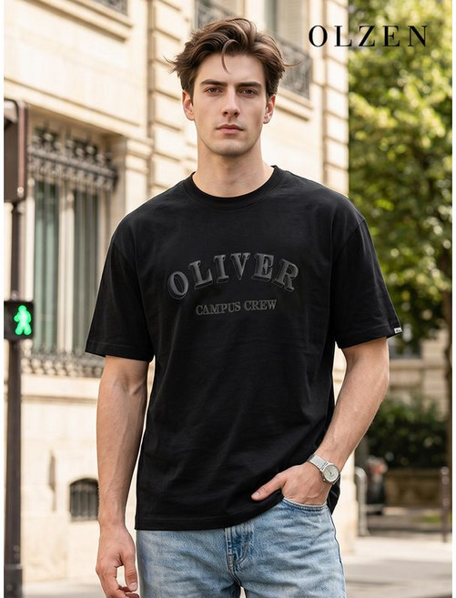 올젠 남녀공용 올리버 캠퍼스 그래픽 반팔 티셔츠 ZMD2TR1901 A