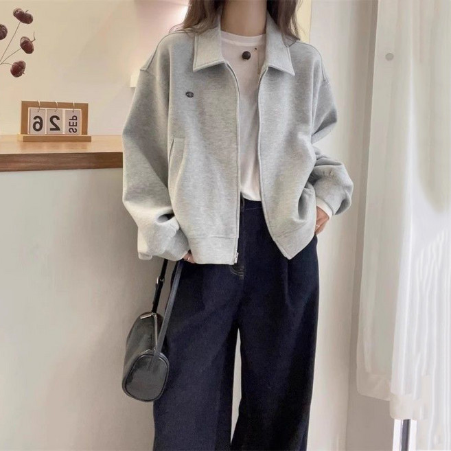 슬림소녀 여성 봄 가을 쇼트 긴팔 집업 자켓 코트 심플 키 작은 루즈핏 캐주얼 칼라 상의