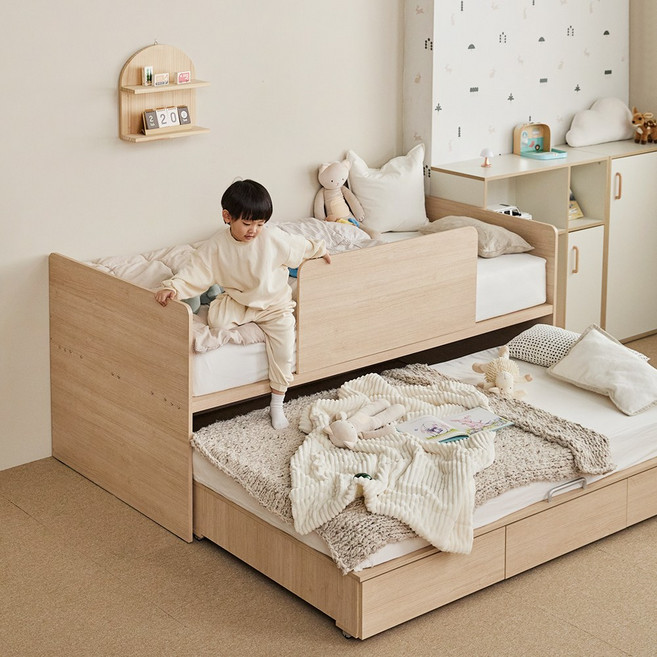장인가구 피터 2단 슬라이딩 수납침대S_7존독립+라텍폼스매트, ALL내추럴_우드가드