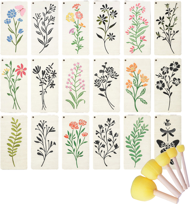 월간리빙 꽃 식물 스텐실도안 색칠도안+스텐실스펀지, 1세트