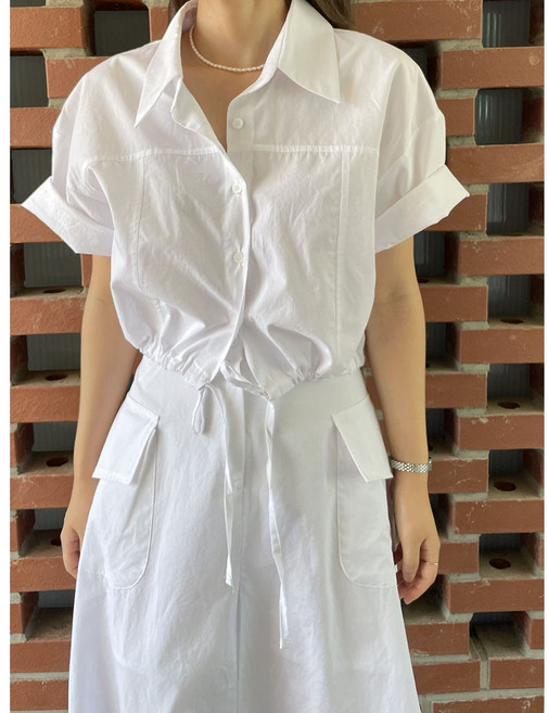 스타일 키 SK2613 여성 캐주얼 투피스 허리 스트링 크롭 반팔셔츠 포켓 하이웨스트 롱스커트 세트