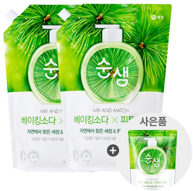 애경 순샘 베이킹소다 피톤치드 리필 1.2L 2개+주방세제 200ml, 1개