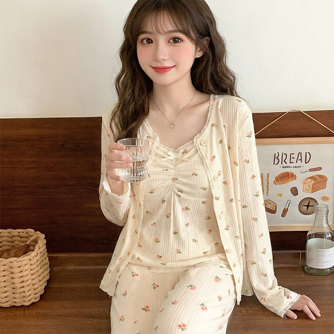 Kemei 쉐어링 수면잠옷 여성용 파자마 가디건 나시 바지 캡내장 세트