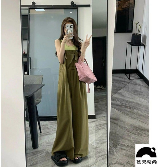 初見大尺碼連身長褲 寬鬆吊帶闊腿褲