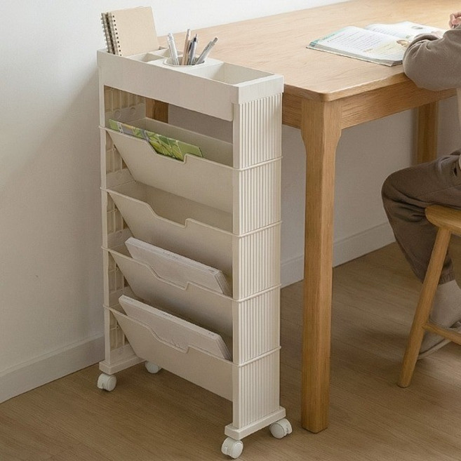 [TJCOMPANY] HICKIES 히키스 공부방 틈새 이동식 4단 북카트 책꽂이 데스크정리 트롤리 HTB5, 화이트