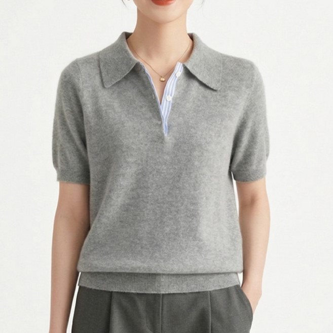 제이앤씨 엠플 버튼 카라넥 포인트 반팔 니트 티 여성 빅사이즈 부드러운 데일리 여성아이템