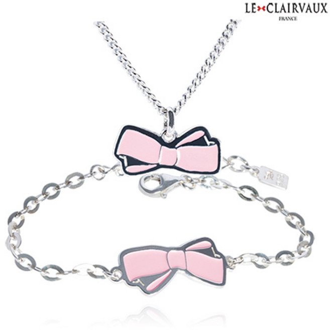 르클레보 핑크리본 미아방지 유아동 실버목걸이 팔찌세트/SS9356