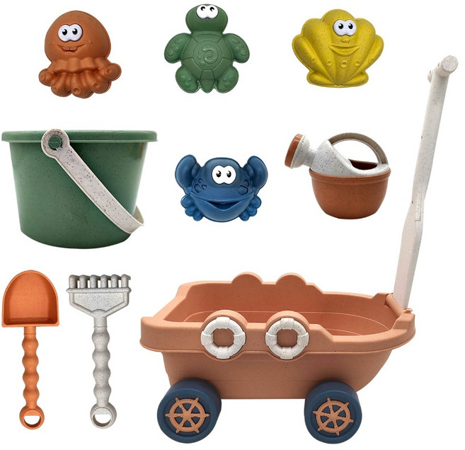 兒童沙灘玩具 手拉車 動物造型 環保材質 多種工具, Multicolor, 800g, 1套
