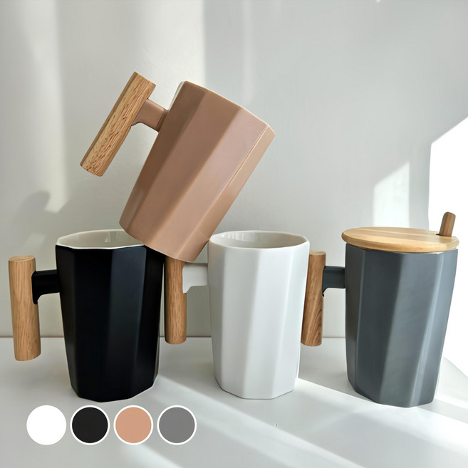 각진 우드 고급 머그컵 4종 380ml, 화이트 + 블랙 + 그레이 + 베이지, 1개
