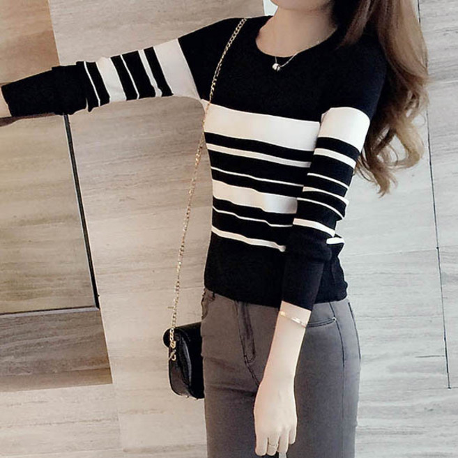 여성용 라운드넥 단가라 스트라이프 슬림핏 긴팔 니트티 캐주얼 심플 봄 가을 니트 이너웨어
