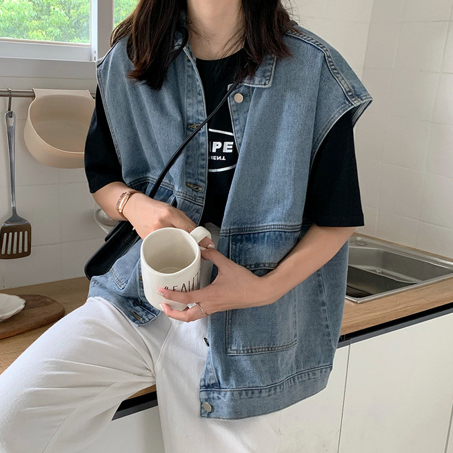 프리티글라라 여성 베이직 청조끼 베스트 오버핏 데님 박시 청자켓