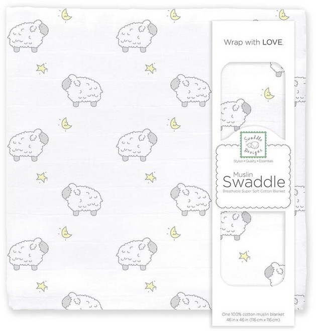 SwaddleDesigns 면 모슬린 포대기 담요 남아 및 여아용 속싸개 담요 최고의 샤워 선물 116.8 x 116.8cm(46 x 46인치) 어린 양 스털링