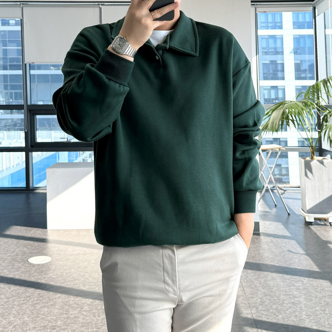 룩플레인 겨울 기모 원단 맨투맨 카라 티셔츠 9color