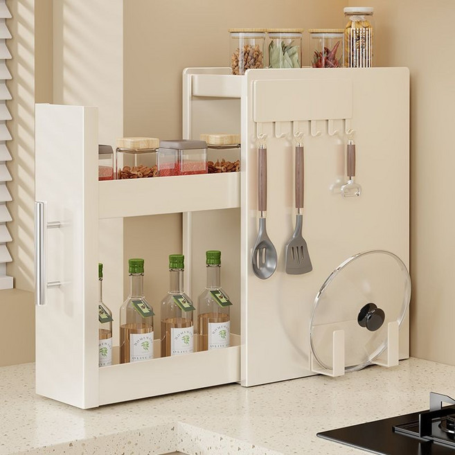 SMTONE 슬림 주방 선반 틈새 서랍형 11.5cm/18.5cm 자석걸이+도마걸이 탄소강 수납함 조미료 컵 정리 양념통선반 영양제보관함 다용도 슬라이딩 정리함, 1개, 화이트