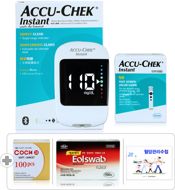 신형 아큐첵 인스턴트(블루투스) 혈당계+시험지 60매+침 110개+솜 100매+수첩, 1세트