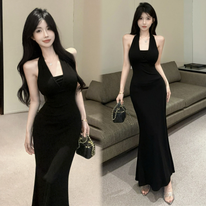 아슈어 여성 홀터넥 민소매 슬림핏 롱원피스 파티 드레스