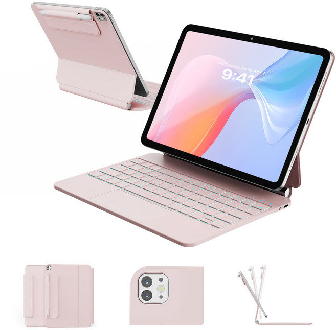 한국형 아이패드 프로 11인치 (1/2/3/4세대) & 에어 11인치 (4/5세대/M2/M3/M4) 호환 키보드 케이스 한글각인 키캡 백라이트 11색 트랙패드, 핑크, 1개