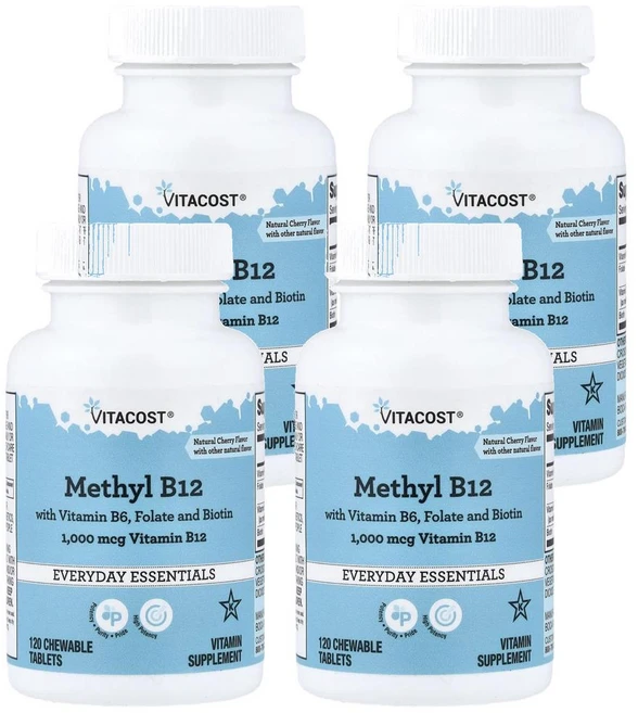 비타코스트 메틸 B12 위드 비타민 B6 폴레이트 앤 바이오틴 Vitacost Methyl B12 with Vitamin B6 Folate and Biotin Natural C, 4개, 120정 - 쿠팡