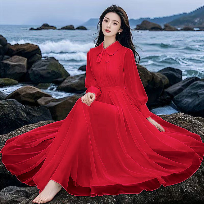 VVRR 여성 우아한 하이웨이스트 리본넥 긴팔 시폰 롱 원피스 S0091925A