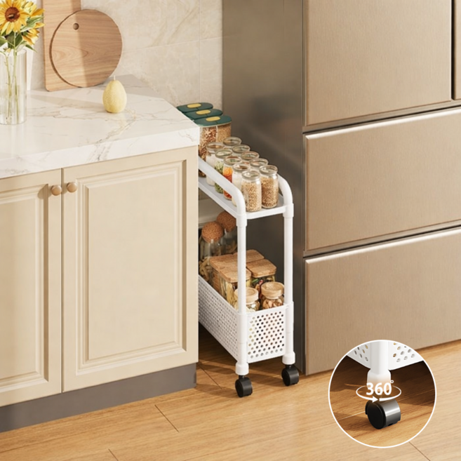 에바오 15cm 틈새 수납장 이동식 트롤리, 화이트, 2단