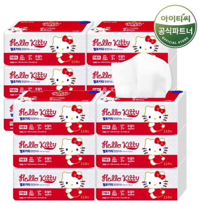 헬로키티 천연펄프 3겹 팝업티슈 110매*24개/미용화장지/휴지, 홈스웰 헬로키티 뽑아쓰는 팝업티슈 레드 총 12입, 110개입
