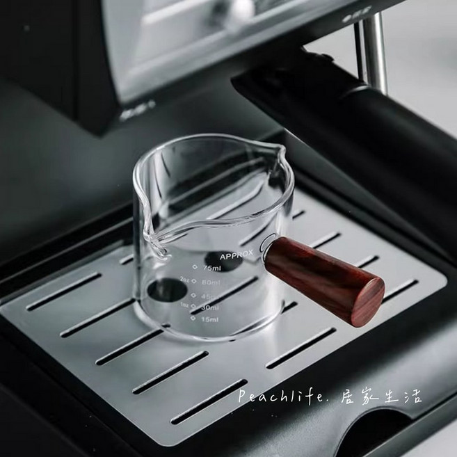 peachlife 義式濃縮咖啡量杯 玻璃刻度量杯 木柄咖啡淬取杯 義式量杯, 1個