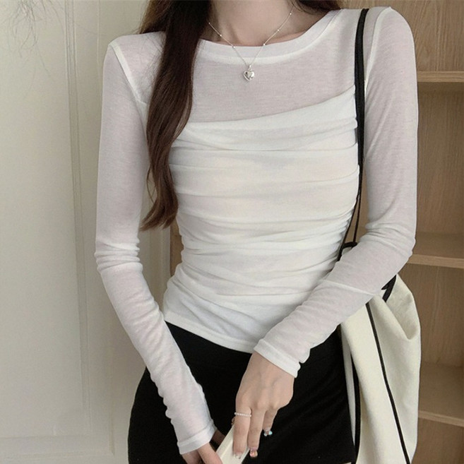 cammello 꾸안꾸 시스루 레이어드 슬림핏 셔링 티셔츠 여성 긴팔티