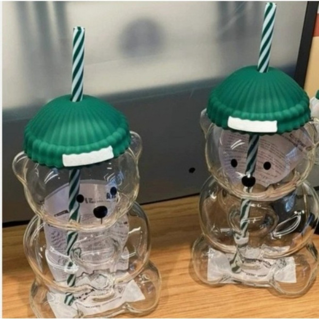 2025년 신제품 투명 곰 유리병 - 녹색 뚜껑과 빨대 컵 귀여운 동물 음료 휴일 선물 크리스마스