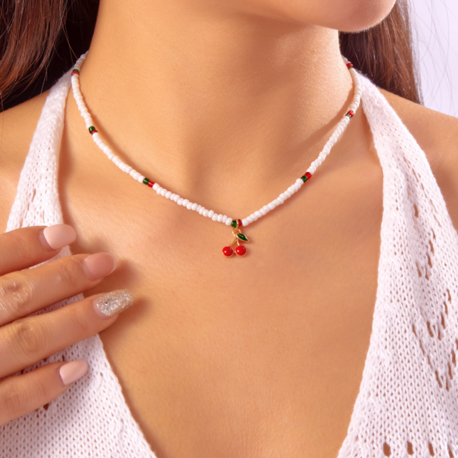 여성 귀여운 체리 포인트 비즈 데일리 목걸이