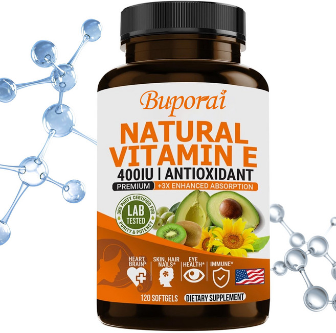 천연 비타민 E 400IU 보충제 - 항산화 흡수력 3배 향상 - 프리미엄 D-알파 토코페릴 아세테이트 - 유기농 식물성 원료 - 심장 눈 피부 모발 손톱 면역 건강, 3개, 60정