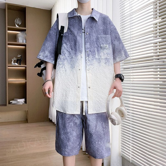 AOKADA 남성 여름 루즈핏 카라넥 그라데이션 플리츠 반팔 셔츠 반바지 캐주얼 투피스 세트