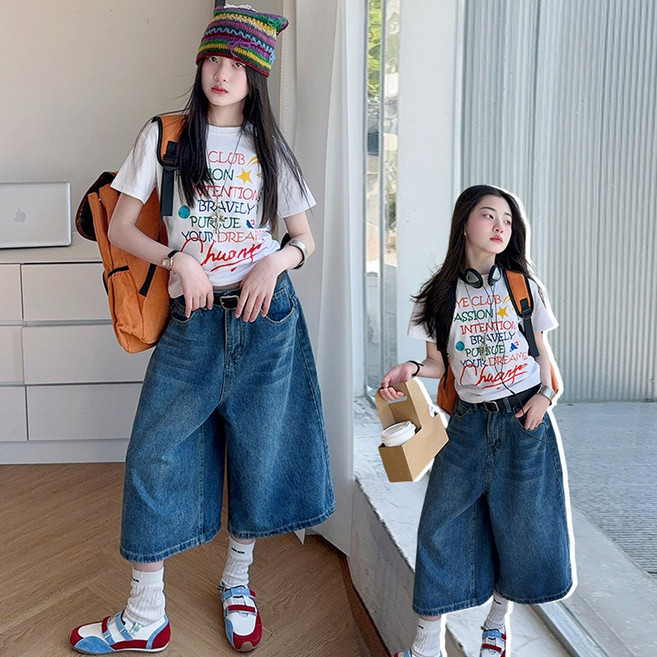 알럽베이비 주니어 와이드 버뮤다 청바지 데님 7부 오버핏 중학생 데님 초등학생 반바지