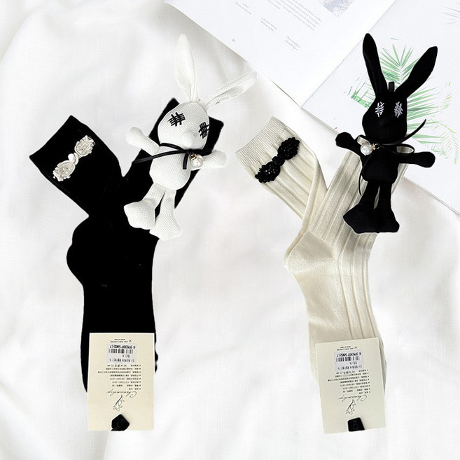 여성 장목 양말 큰인형 토끼 리본 유니크한 귀여운 긴양말