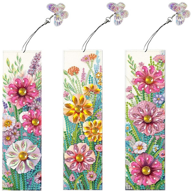 투데이리빙 3개 세트 보석 십자수 diy 책갈피 만들기 보석십자수 자수 도구 고양이 풍경 플라워 나비 비즈 북마크, R98159B(플라워 세트, 1세트
