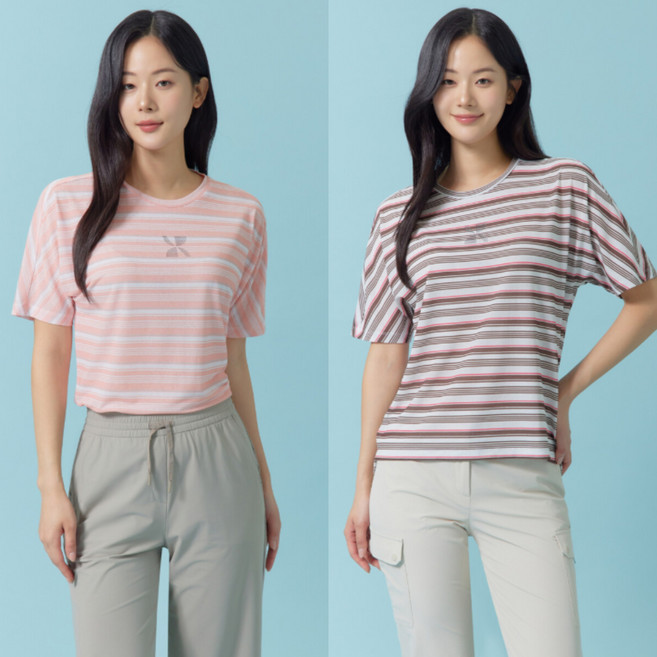 [지센] 여성 가로 잔스트라이프 패턴 라운드넥 반팔 티셔츠 (색상2종) LPTSQ503