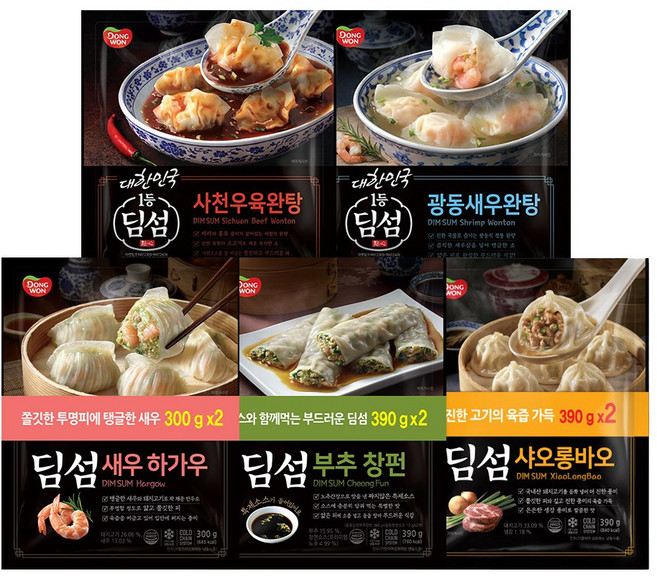 동원 딤섬 새우하가우 300g 2봉 + 부추창펀 390g 2봉 + 샤오롱바오 390g 2봉 + 딤섬 사천우육완탕 336g x1개 + 새우완탕 294g x1개
