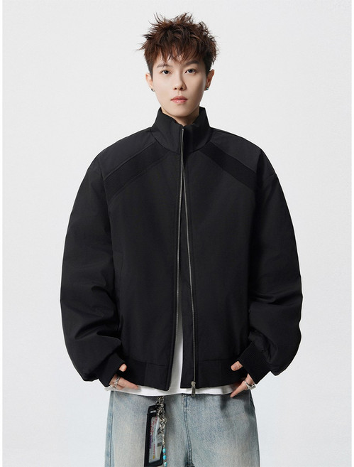 灰色立領加厚棉衣男款冬季保暖棉服外套 - 寬鬆休閒短版棉外套