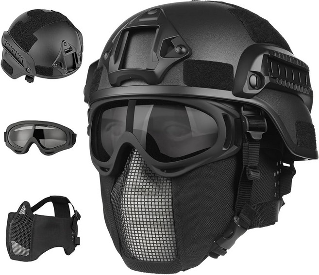 VPZENAR 에어소프트 헬멧 블랙 전술 마스크 메시 탄성 발라클라바 마스크 안티 포그 고글 풀페이스 보호 액세서리 군용 장비, B/MICH-Black, 1개