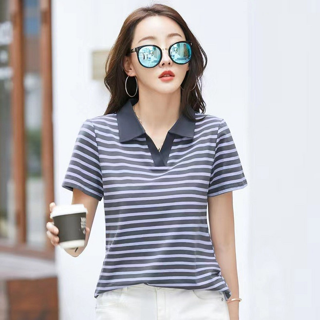 NEW 소프트 프리미엄 여성 면 스판덱스 탄력 골프 폴로 반팔 브이넥 티셔츠 줄무늬 여름티 반팔티 빅사이즈