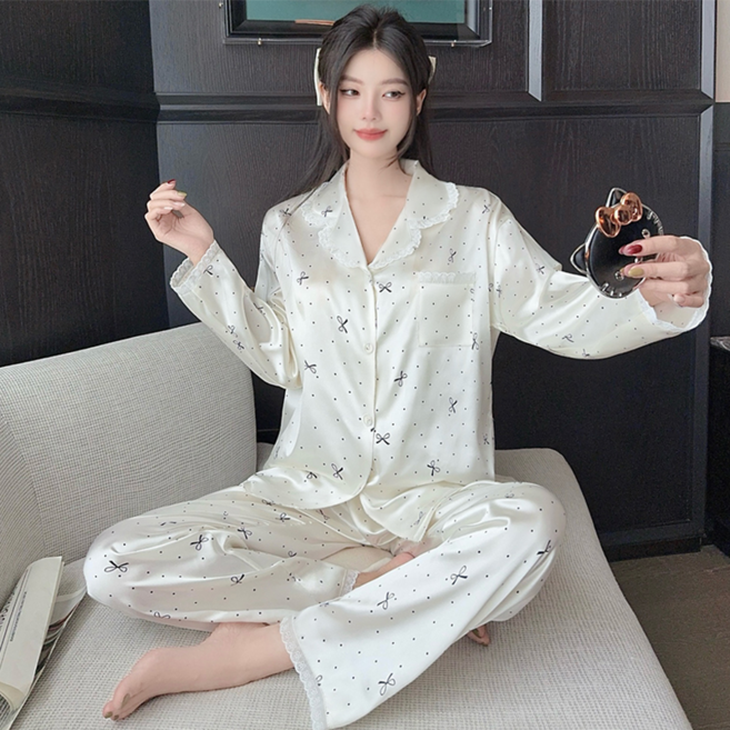 NUNUHANA 여성 긴팔 잠옷 실크 홈웨어 상하의 세트