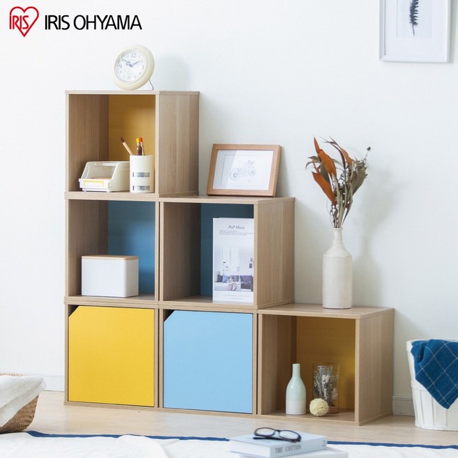 【GOOD LIFE 品好生活】IRIS OHYAMA 愛麗思歐雅瑪 繽紛立方體附門木製收納櫃 ACQB-35D 原木x藍色, 1層