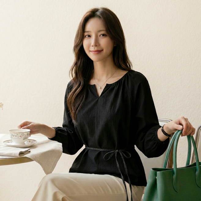 데일로엔 여성 슬림핏 리본 긴팔 블라우스 셔츠