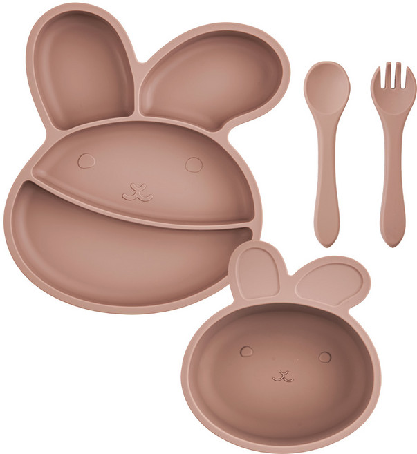 아띠래빗 아기 토끼 실리콘 흡착식판 + 흡착볼 + 스푼포크 세트, 1세트, 토프브라운+토프브라운