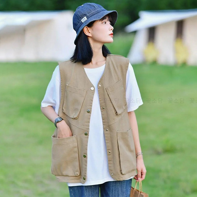 꽃소담 여자 봄여름 멀티포켓 작업조끼 브이넥 운동복 아웃도어 민소매 카고 집업 자켓 낚시 촬영 캠핑 MAL26A997