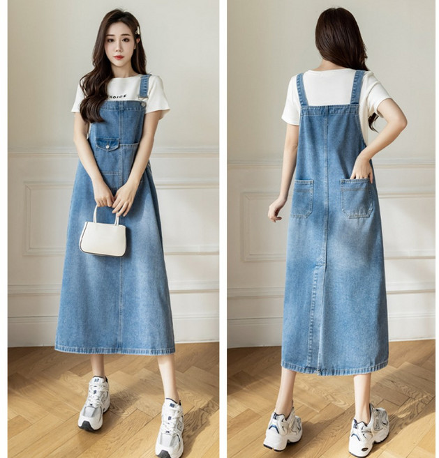 여성 캐주얼 뒷트임 포켓 데님 멜빵 원피스