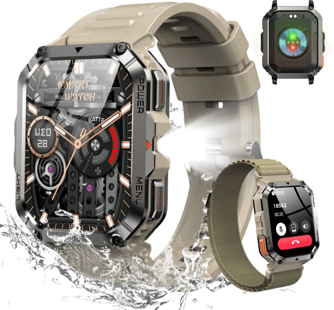IOWODO W70 Pro 아웃도어 스마트워치 2.01인치 대형 화면 방수 먼지충격 방지 나침반 손전등 기능, 블루투스, 4.1cm, 카키색 옷감