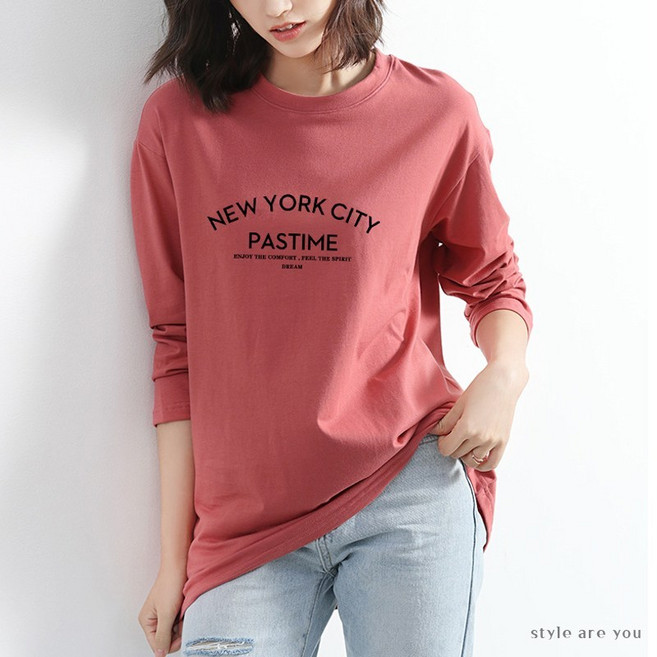 스타일아유 여성용 레터링 오버핏 라운드넥 긴소매 티셔츠 TS023A